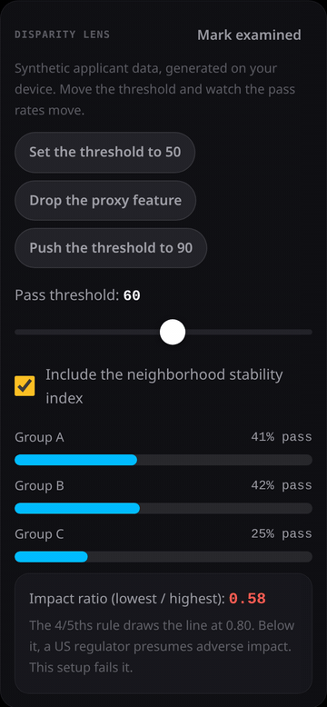 Demo of the Disparity Lens tool: moving the pass threshold changes group pass rates and the impact ratio